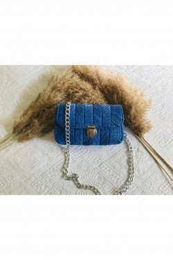 Arife Hanım Blue Herringbone Pattern Canvas Bag