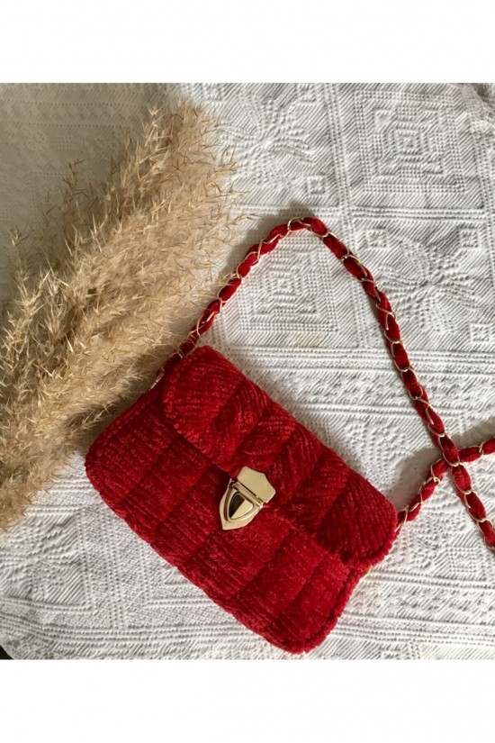 Arife Hanım Red Puffyy Velvet Canvas Bag