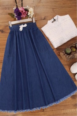 Arife Ladies Skirt Tasseled Pocket Denim Skirt Dark Blue