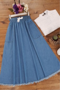 Arife Ladies Skirt Tasseled Pocket Denim Skirt Light blue