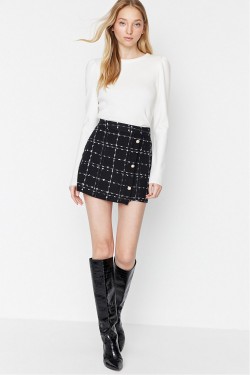 Arife Hanım Black Buttoned Checkered Mini Skirt