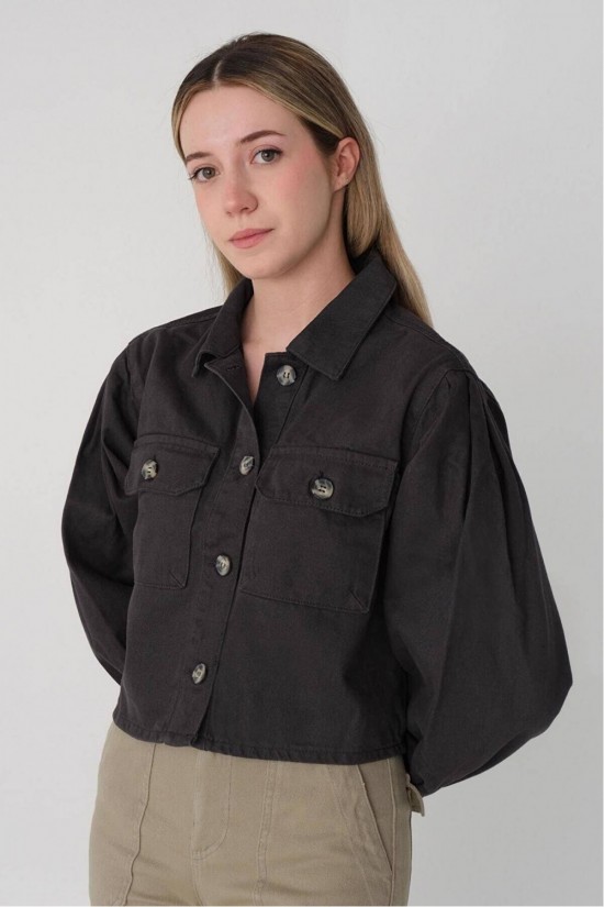 Addax Buttoned Crop Denim Jacket Smoked Color