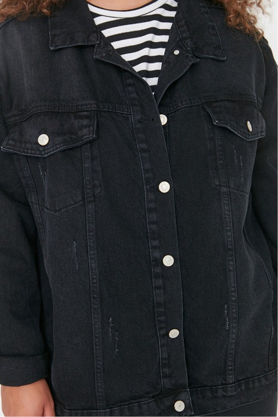 Arife Hanım Anthracite Pocket Veste en jean détaillée