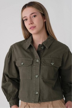 Addax Buttoned Crop Denim Jacket Oil Green