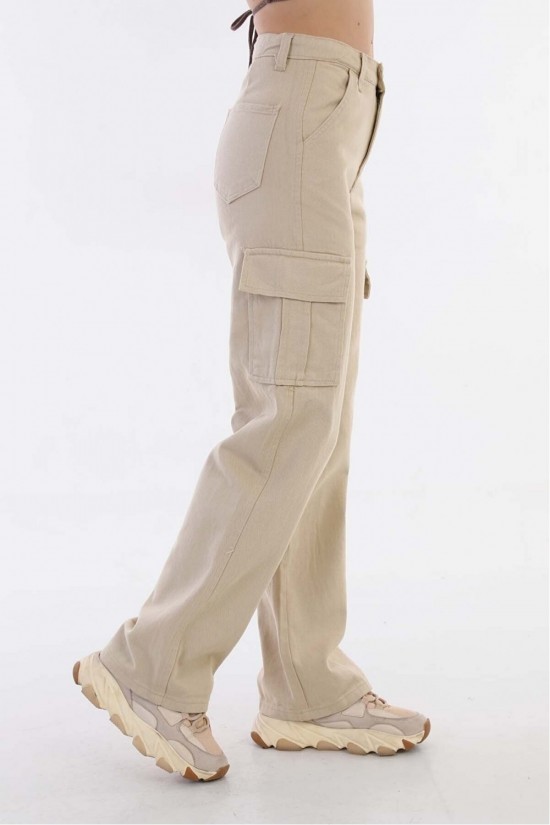 Arife Hanım Women Beige High Waist Wide Leg  Cargo Pants