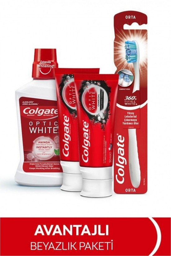 Colgate Optic White Diş Macunu 50 ml X2, 360 Orta Diş Fırçası, Gargara 250 ml (4 lü Set Olarak Satılmaktadır.)