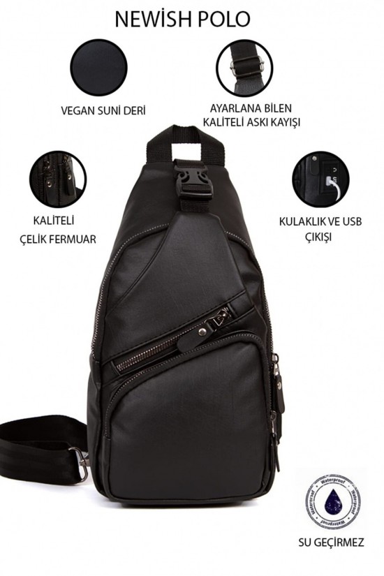 Polo Club Newish Unisex-Schultertasche aus gewaschenem Leder mit Kreuzriemen und USB-Kopfhörerausgang (Schlüsselring-Geschenk) Schwarz