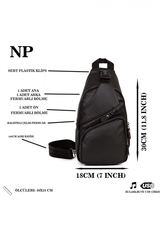 Polo Club Newish Unisex-Schultertasche aus gewaschenem Leder mit Kreuzriemen und USB-Kopfhörerausgang (Schlüsselring-Geschenk) Schwarz