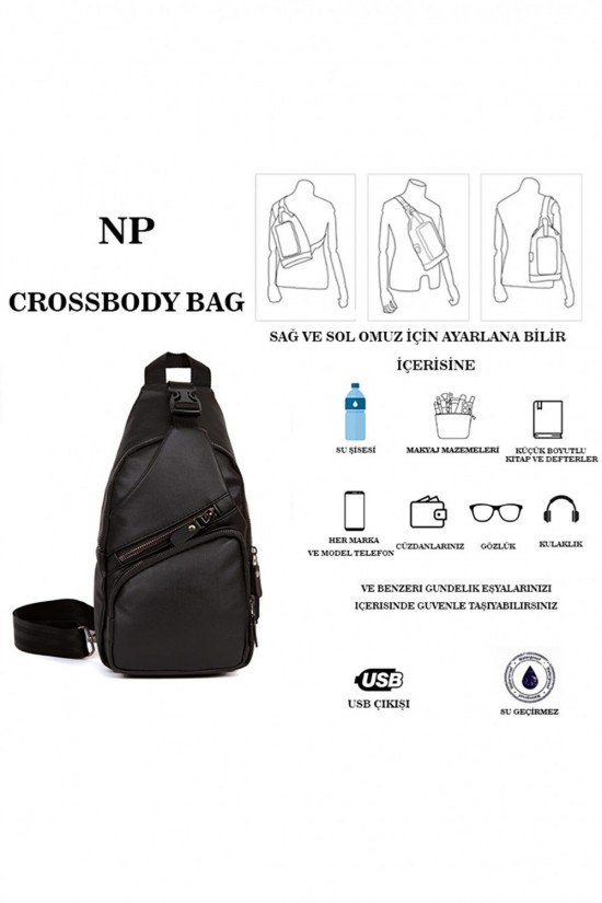 Polo Club Newish Unisex Washed Leather, Cross Strap Waist Shoulder Bag with Usb Headphone Output (KEY RING GIFT) Black