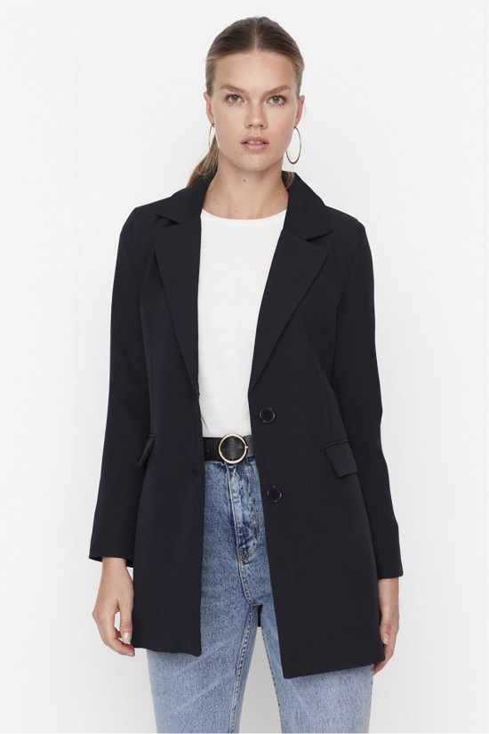 Arife Hanım Double Bouton Blazer Veste Tissée Bleu Marine