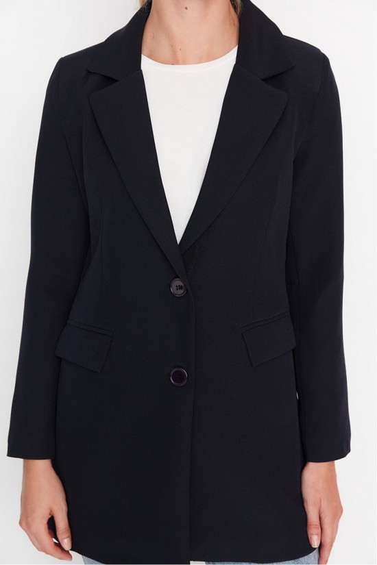 Arife Hanım Double Bouton Blazer Veste Tissée Bleu Marine