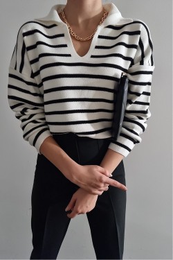 Arife Hanım Women's Polo Neck Black White Striped Long Sleeve Knitwear Sweater