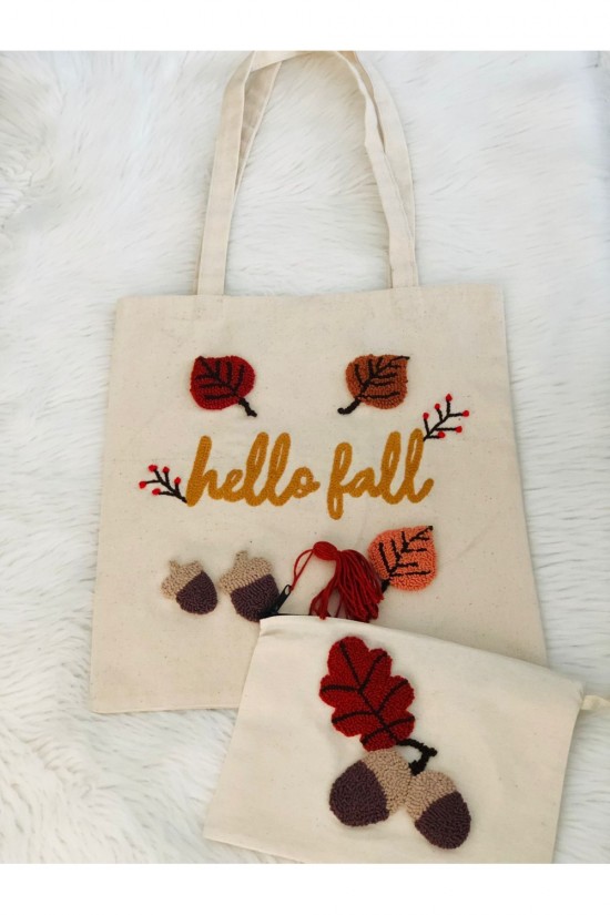 Arife Hanım Tote Bag Punch Besticktes Herbstlaub und Eicheln gemustertes Design Tasche und Brieftasche Set 100% Baumwollseil wird verwendet.