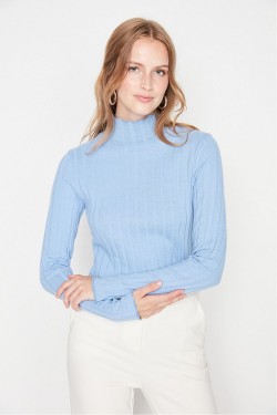 Arife Hanım Blue High Collar Corduroy Crop Knitted Blouse