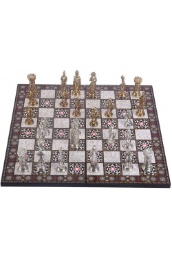 Jeu d'échecs anglais en métal de grande taille Échiquier en bois MDF à motifs nacrés brillants et pliants (43x43 cm.)