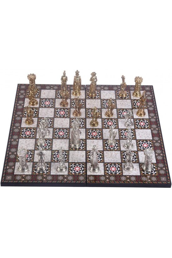 Large Size Metal English Chess Set Glossy and Folding Mother-of-Pearl Patterned MDF Wooden Chess Board (43x43 cm.)