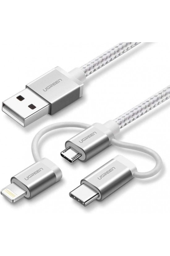 3'ü 1 Arada Örgülü  Type-C Micro USB Şarj Kablosu Gümüş 1.5 Metre