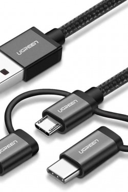 3 в 1 iOS Lightning Type-C Micro USB-кабель для зарядки и передачи данных, черный, 1 метр