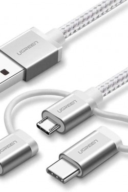 3 в 1 iOS Lightning Type-C Micro USB-кабель для зарядки и передачи данных, серебристый, 1 метр