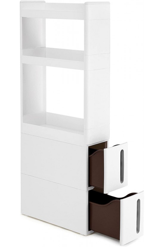 KRF96WT niche trolley, narrow, with 3 material compartments and 2 drawers, wheeled niche cabinet, muk, for bathroom and pantry, 17 cm wide, white, KFR06WT