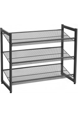 3-Tier Metal Shoe Rack, Mesh Shelf, Flat or Angled Shelf Floors with Adjustable Shelves, Stackable Storage Rack for Hallway, Entrance Area, 74x62.8x30.7 cm, Black, Lmr03B