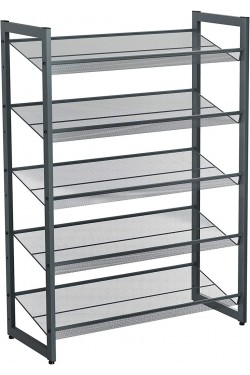 5 Tiers Shoe Rack, Expanding Metal Shoe Rack Adjustable Shoe Rack Suitable for 15-20 Pairs of Shoes, Short Boots, Heels, 74x104x307cm Dark Gray Lmr005Gb