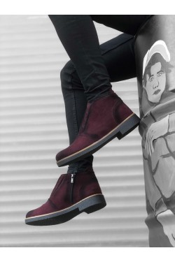 K&A-BA0045 Hidden Lace-Up Claret Red Suede Black Sole Casual Men's Sports Classic Ankle Ankle Boots