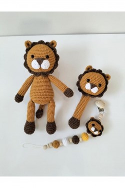 Arife Hanım Amigurumi Gift Lion Newborn Sleeping Companion Pacifier Chain and Hochet Set