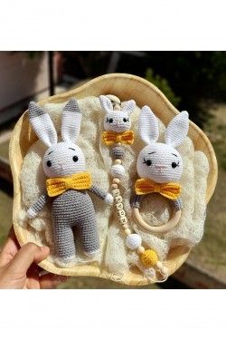 Arife Hanım Amigurumi Gray - Yellow Gift Rabbit Pacifier Chain Rattle Sleeping Companion Set