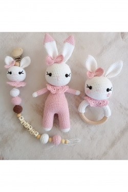 Arife Hanım Amigurumi Pink Gift Ceiling Pacifier Chain Rattle Sleeping Companion Set