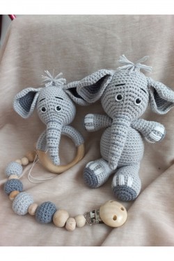 Arife Hanım Amigurumi Gift Grey Elephant Set Sleeping Companion Соска Вішалка Брязкальце Set