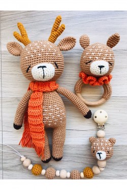 Arife Hanım Amigurumi Sevimli Geyik Uyku Arkadaşı Çıngırak ve Emzik Zinciri Set