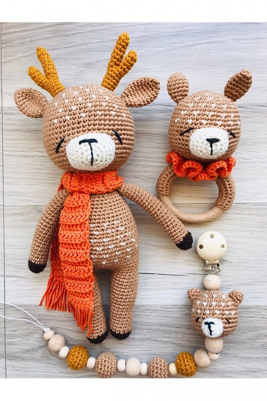 Arife Hanım Amigurumi Cute Deer Sleeping Companion Rattle and Pacifier Chain Set