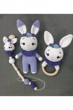 Arife Hanım Amigurumi Cute Rabbit Sleeping Companion Pacifier Chain Brettle Set Lilac