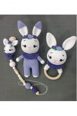 Arife Hanım Amigurumi Coelho fofo companheiro de dormir chupeta conjunto de chocalho de corrente lilás