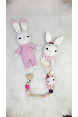 Arife Hanım White Rabbit Οργανικό Πλεκτό Παιχνίδι Amigurumi Σετ 3 τεμαχίων