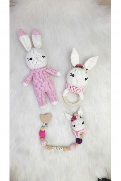 Arife Hanım White Rabbit Οργανικό Πλεκτό Παιχνίδι Amigurumi Σετ 3 τεμαχίων