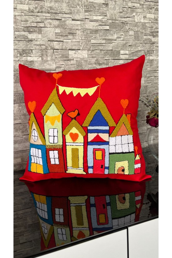 Arife Hanım Punch Handcrafted Colorful House Figured Design Pillow Case (custom design) 100% cotton yarn is used.