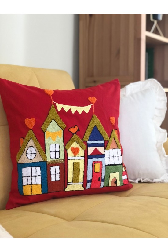 Arife Hanım Punch Handcrafted Colorful House Figured Design Pillow Case (custom design) 100% cotton yarn is used.