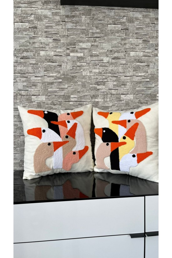 Arife Hanım Punch Handcrafted Colorful Ducks Figured Design Pillow Case (special design) 100% Coton yarn is used.